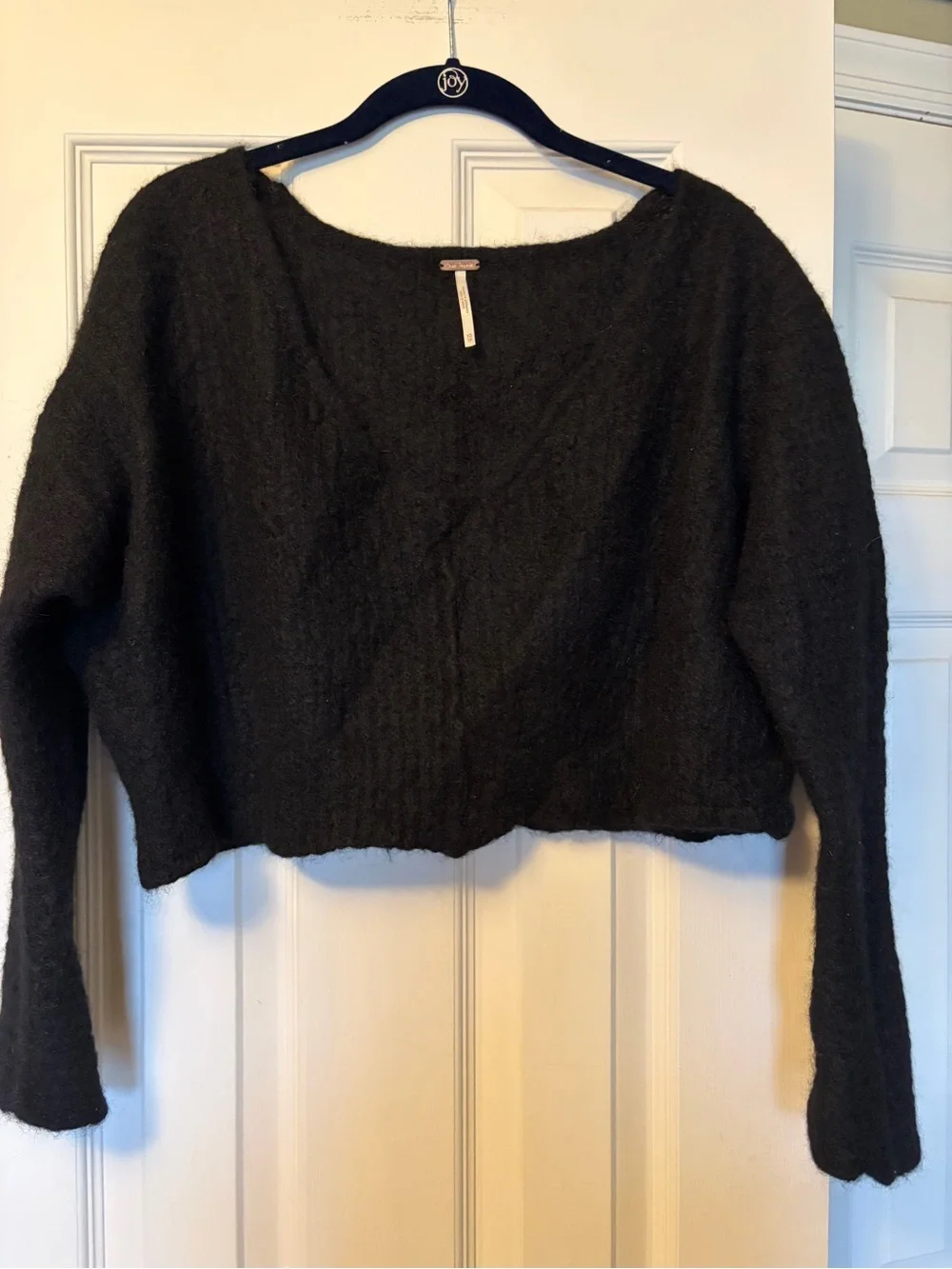 Free People Black V-Neck Fuzzy Knit Sweater Size XS